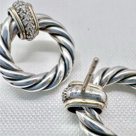 David Yurman Sterling Silver 18k Diamond Cable Door Knocker Earrings - Picture 5 of 12